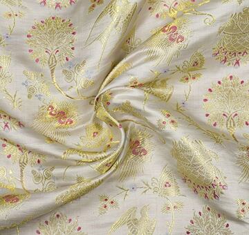 Hand woven brocade Swallows and Radiant Clouds, silk with metallic thread, white