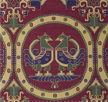 Sogdian silk with paired cocks in pearl roundels, silk-wool blend samite, crimson